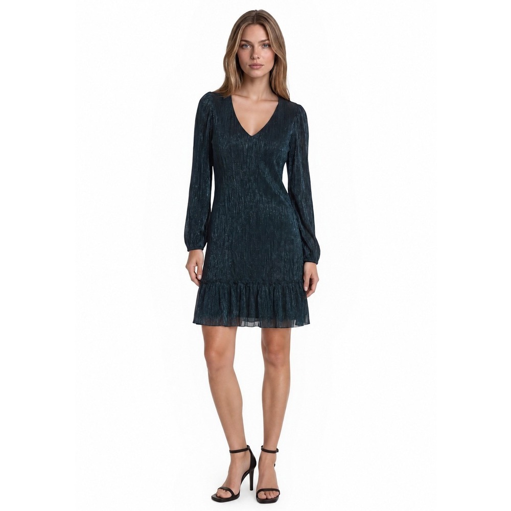 NEW Kensie Teal Black Metallic Cocktail Dress Women's Size 14 Ruffle Hem V-Neck